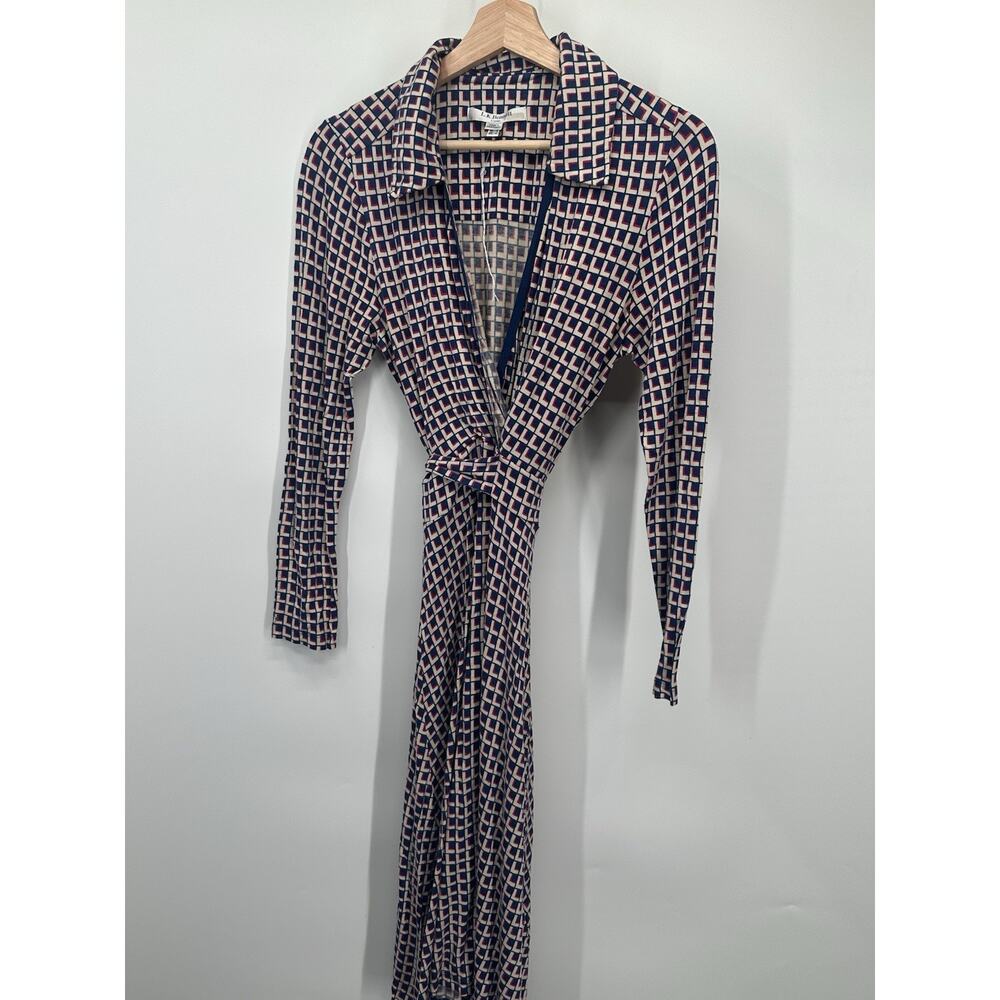 L.K. Bennett Wrap Dress Womens 8 Navy Cream Geometric Print Long Sleeve Midi - Picture 6 of 11